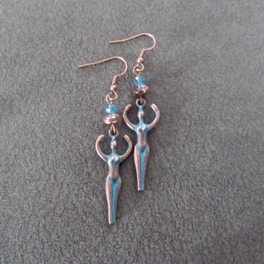 Unique goddess earrings, copper patina 