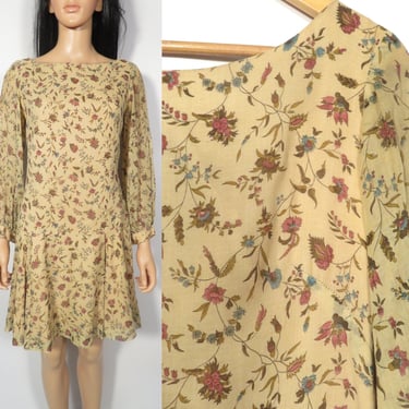 Vintage 60s/70s Young Edwardian Gauzy Lightweight Floral Drop Waist Scooter Dress With Sheer Sleeves Size M 