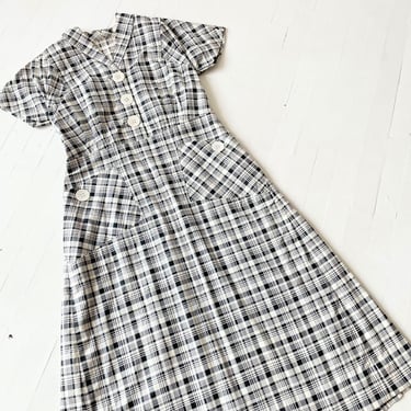 1940s Black Plaid Dress with Big Buttons 