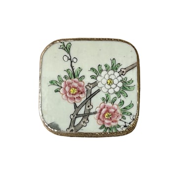 3.5" Chinese Old White Base Pink Flower Graphic Porcelain Art Pewter Box ws3961E 
