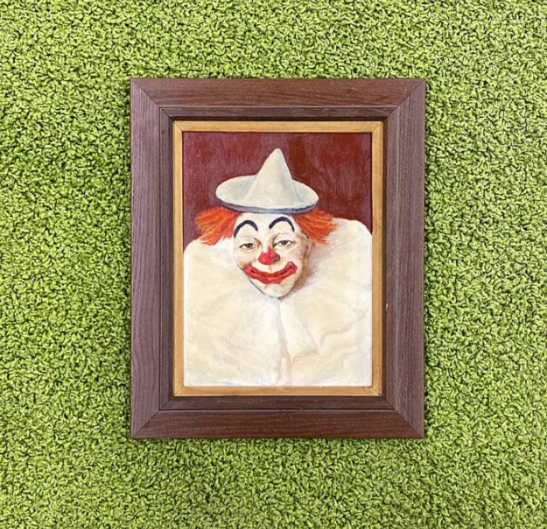 Vintage Clown Painting 1960s Retro Size 24x20 Mid Century Modern + Artist Patter + Acrylic + Stretched Canvas + Hobo + Home and Wall 2024 Art