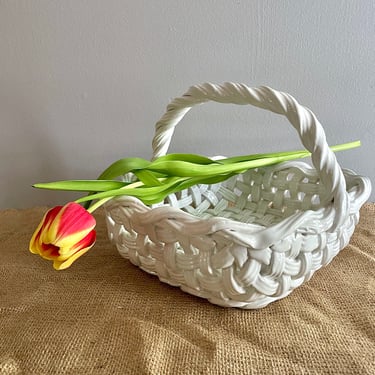 Large, Vintage, Ceramic Woven Basket, made in Italy, with Handle - White, Ridged, Easter or Fruit Basket Display, Square Base, Handmade 