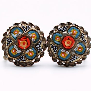 1920's micro mosaic flower screw backs, antique Made in Italy glass tesserae floral earrings 