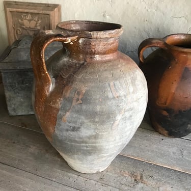 19th C Pottery Jug, Pitcher, Small Olive Jar, Redware Slip, Rustic Terra Cotta, Garden Vase, European Farmhouse, Farm Table 