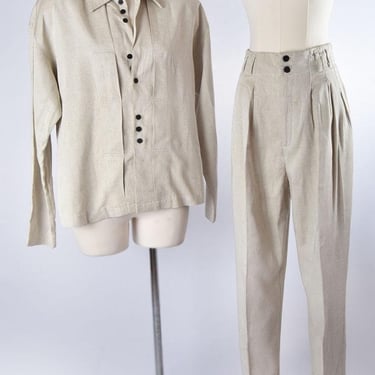 80's Beige Trousers & Jacket Matching Set, Womens Suit, CITY CLOTHING 1980's Vintage Pants and Shirt Jacket Tan Natural Linen Hip Hop 