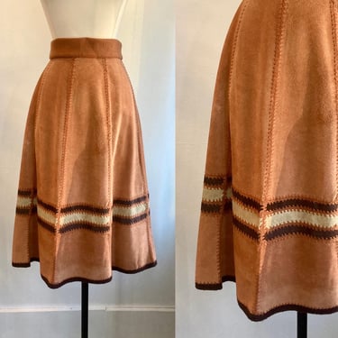 Vintage 70s SUEDE Leather Skirt / Boho Midi Skirt / Crochet Seams / Tan + Beige + Chocolate Brown 