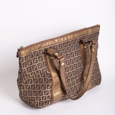 FENDI Vintage Cream Logo Zucchino Monogram Canvas Baguette Brown Leather  Trim