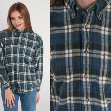 Blue Flannel Shirt 90s Plaid Button up Shirt Grunge Lumberjack Long Sleeve Boyfriend Green White Checkered Print Vintage 1990s Mens Small S 