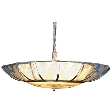 Modernist Tropical Etched Slat Glass Bowl Bronze Chandelier 