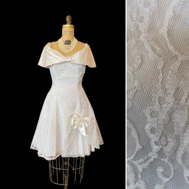 1980s prom dress, white satin and lace, vintage 80s dress, off the shoulders, x-small, mayvens, fit and flare, 80s formal, iridescent, tutu 