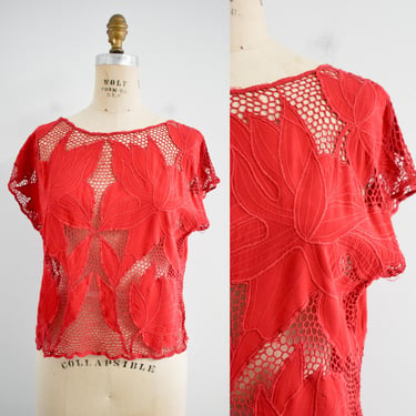 1980s Red Applique Floral and Net Blouse 