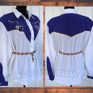 Vintage Retro Women's Cowgirl Shirt by 1849 Authentic Ranchwear, White & Purple, Embroidered Floral Designs, Size XLarge (see meas. photo) 