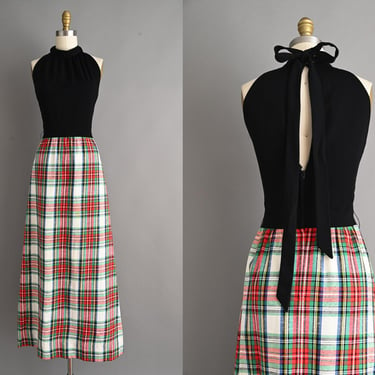 vintage 1970s Dress | Toby Tanner Full Length Plaid Open Back Dress | Medium 