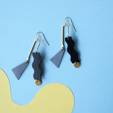 Squiggle Mobile Earrings in Black, Gold + Grey - Colourful Asymmetrical Statement Leather earrings with Geometric Shapes 