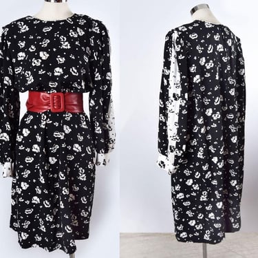 DAVID BROWN Large TENT Dress Black & White Floral Vintage Designer 1970's, 1980's Mid Century 1960's 