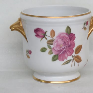 Limoges France White Pink Rose Flowers and Gold Handles Planter Pot Vase 3069B