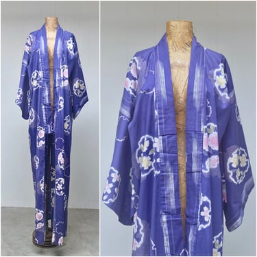Vintage Japanese Cotton Yukata, Full Length Purple Floral Summer Kimono, Japanese Maxi Robe, Unisex 