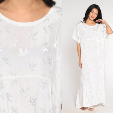 White Caftan Dress 90s Maxi Dress Embossed Bamboo Leaf Print Boho Hippie Dress Flowy Bohemian Wide Sleeve Vintage 1990s Extra Large xl 