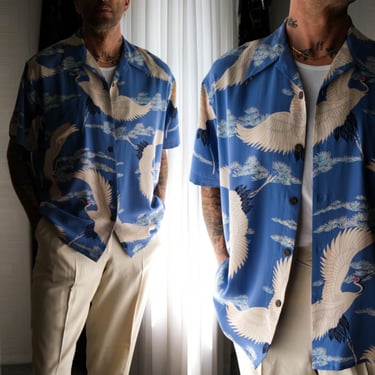 Vintage 40s Style AVANTI Hawaiian Sky Blue Silk Asian Crane Print Loop Collar Shirt | 100% Silk | Y2K Does 1940s Designer Mens Silk Shirt 