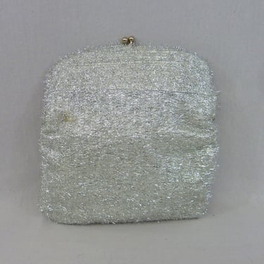 60s Silver Metallic Evening Bag - St Thomas Eyelash Tinsel Clutch - Vintage 1960s Purse Handbag 