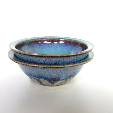 Set of 2 Studio Pottery Bowls In Turquoise And Indigo Glaze, Hand Thrown Cereal Bowls by Fabrile Studios 