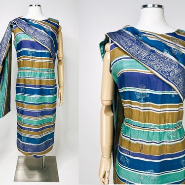 1960s Silk A-Symetrical Scarf Dress by Alfred Shaheen Honolulu M-L | Cocktail, Evening, Spring, Designer 