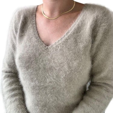 Vintage Womens Banana Republic Tan Angora Fluffy Soft Sexy V Neck Sweater Sz M 