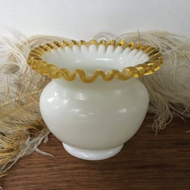 Vintage Fenton Gold Crest Vase, Flared Vase, Milk Glass With Crimped Amber Rim, Fenton Art Glass, Collector Glass, Mid Century, Ruffled Edge 