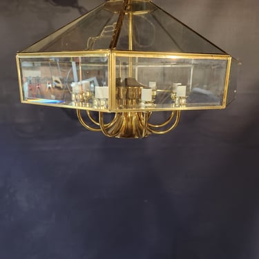 Vintage 9 Bulb Brass and Beveled Glass Chandelier 20