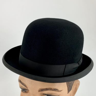 1950's Bowler - Black Wool Derby - RESISTOL Self Conforming - Quality Wool Felt - Rolled Brim with Grosgrain Edging - Men's Size 7-1/4 