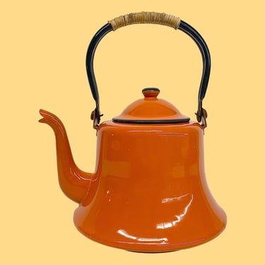 Vintage Enamel Tea Kettle Retro 1970s Mid Century Modern + Orange + Enamelware + Metal + Stovetop + Hot Water + MCM Kitchen + Drinking Tea 