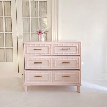 vintage faux bamboo thomasville dresser painted pink, blush dresser,  chest of drawers, sideboard, bureau, palm regency,  dresser NJ Nyc 