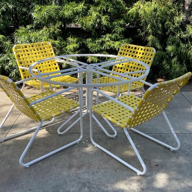 Brown Jordan Lido 5-piece patio dining set | white metal, daffodil yellow straps | 1960s vintage outdoor seating | table and chairs 