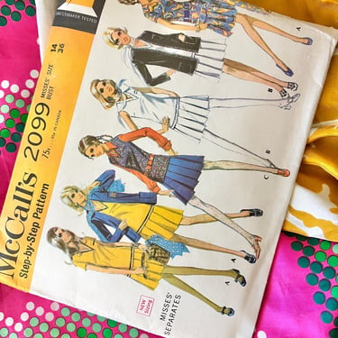 Vintage Sewing Pattern, Mod Pleated Skirt, Tunic, Vest, Tops, Blazer, Factory Folded, Instructions, McCalls 2099 