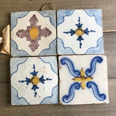 Antique Tile Frieze, Pottery, Vibrant Colored Terra Cotta, Handpainted French Farmhouse Cuisine, Set of 4 