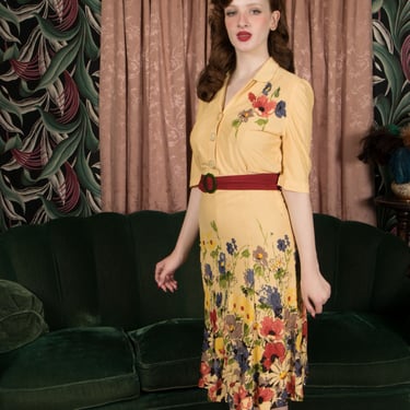1940s Dress - Lush True Vintage 1940s Rayon Jersey Day Dress with Floral Border Print and Applique on Butter Yellow Ground 