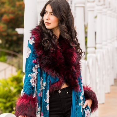 Penny Teal Blossom Faux Fur Jacket 