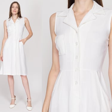 XS 1950s White Sleeveless Midi Shirtdress | Vintage 50s Boho Button Front Day Dress 