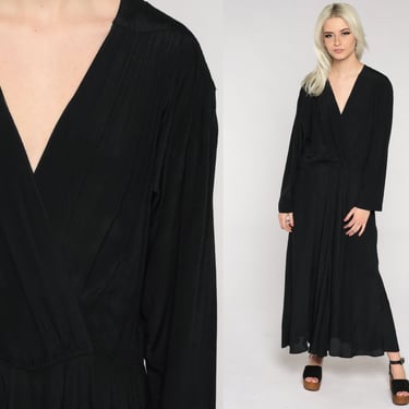 Long Black Dress 80s Faux Wrap Dress Disco Party Grecian Boho Deep V Neck Pockets Long Sleeve Formal Modest Drape 1980s Vintage Medium M 
