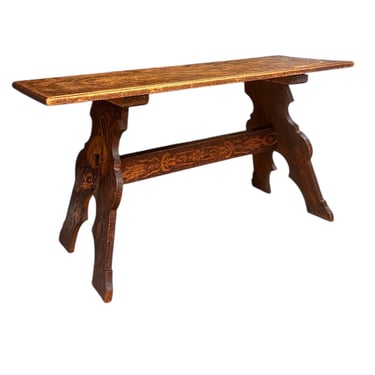 Free Shipping within continental US - Antique Pyrography Trestle Wood Folk Art Decorative Bench or Accent Entryway Table UK Import 