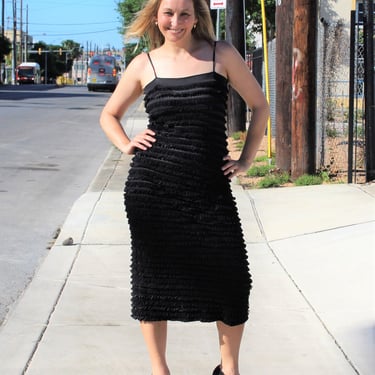 Bodycon Dress, Vintage 1980s, Antonia Collection, Sexy Black Lace Midi Dress, Medium Women, tiered, stretch 