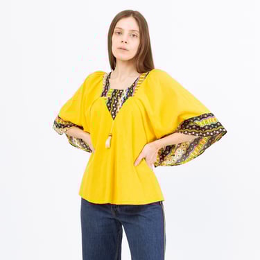 Vintage 70s Boho Yellow Bell Sleeve Hippie Blouse - Medium | Bohemian Floral Trim 3/4 Sleeve Tent Top, Festival Clothing 