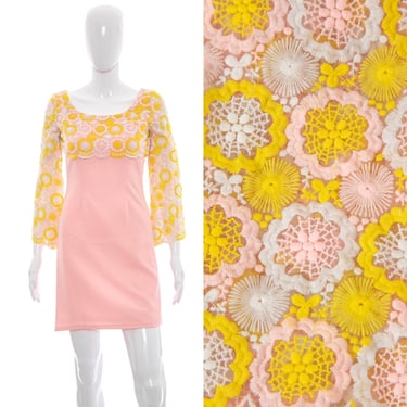 1970's Pink and Yellow Floral Embroidery Dress Size XS/S