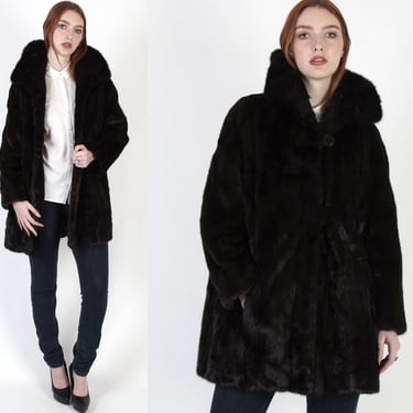 Womens Fur Back Collar Mink Coat, Vintage 60s Mahogany Mink Jacket, Luxurious Natural Dark Brown Plush Fur Sz M L 