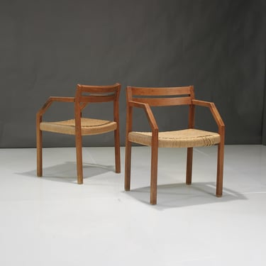 Pair of Teak and Papercord Danish Armchairs by Niels Moller 