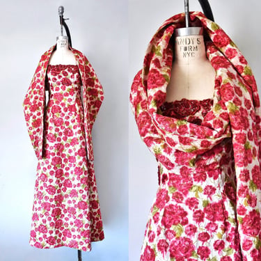 Malmaison 1960s silk faille evening dress and shawl, 1960s dress, floral evening gown, silk maxi dress, 1950s dress, fantasy dress 