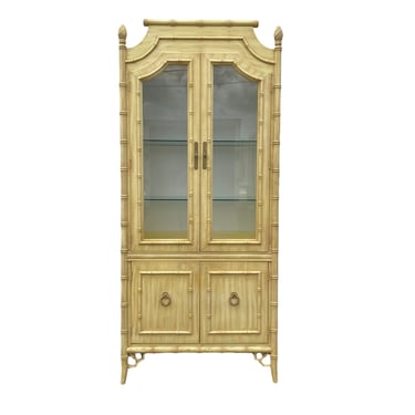 Faux Bamboo China Cabinet by Thomasville Allegro - Illuminated Chinoiserie Hollywood Regency Yellow Coastal Glass Display Furniture 