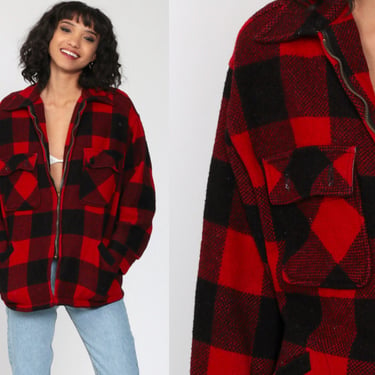 Flannel Jacket Wool BUFFALO PLAID Jacket 80s Red Black Plaid 70s Lumberjack Zip Up Long Sleeve Oversize Vintage Oversized Medium Large 