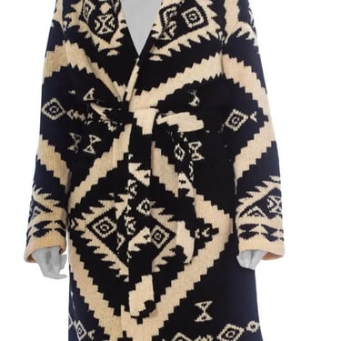 1990S Ralph Lauren Black & White Wool Hand Knit Navajo Pattern Maxi Sweater 
