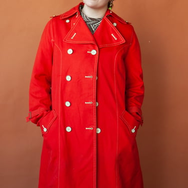 1970s Misty Harber Red Trench Coat, sz. M/L